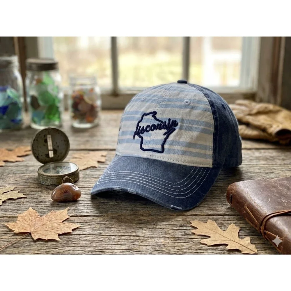 Vintage Wisconsin State Map Striped Baseball Cap Hat Blue White Distressed OSFA